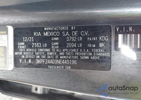 2022 Kia Forte Lxs z USA, uszkodzony, nr VIN 3KPF24AD3NE445196